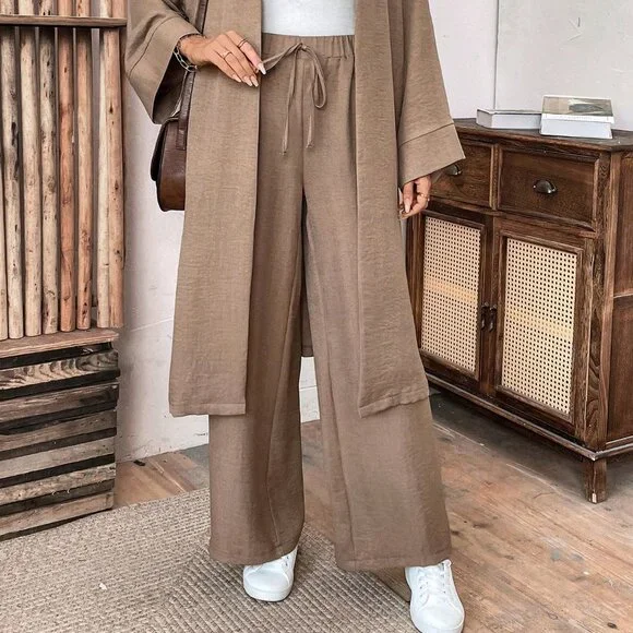Khaki Casual Women's Loose Long Coat And Wide Leg Pants Set